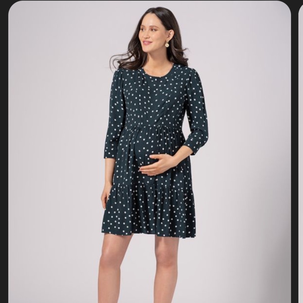 Seraphine Maternity / Nursing Dress - Dark Green Polka Dot
